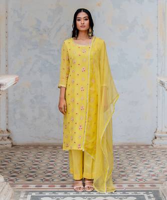 Moss Green Georgette Floral Embroidered Straight Kurta Set 1