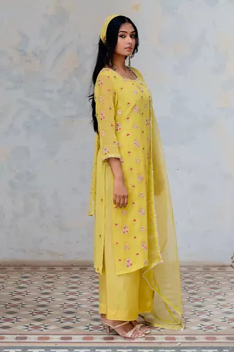Moss Green Georgette Floral Embroidered Straight Kurta Set