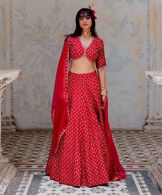 Cherry Red Silk Printed And Embroidered Lehenga Set 1
