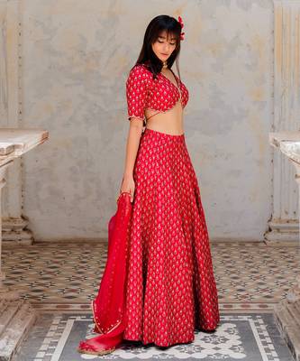 Cherry Red Silk Printed And Embroidered Lehenga Set 2