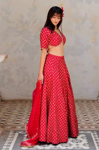 Cherry Red Silk Printed And Embroidered Lehenga Set