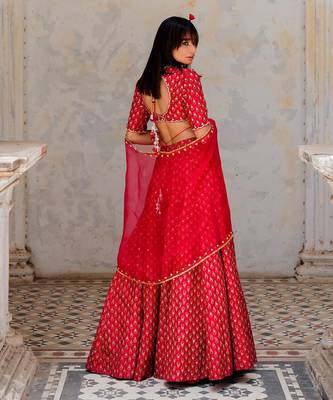 Cherry Red Silk Printed And Embroidered Lehenga Set 3