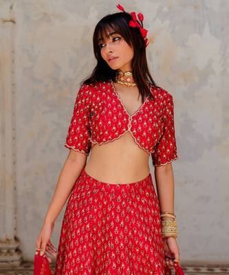 Cherry Red Silk Printed And Embroidered Lehenga Set 5