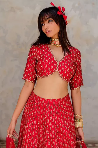 Cherry Red Silk Printed And Embroidered Lehenga Set