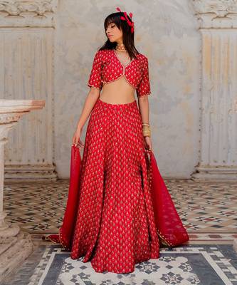 Cherry Red Silk Printed And Embroidered Lehenga Set 6