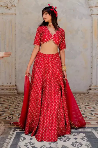 Cherry Red Silk Printed And Embroidered Lehenga Set
