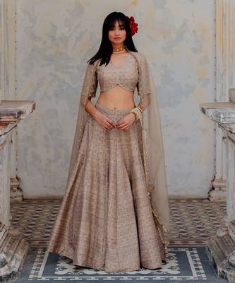 Warm Grey Silk Printed And Embroidered Lehenga Set 1