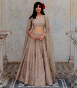 Warm Grey Silk Printed And Embroidered Lehenga Set