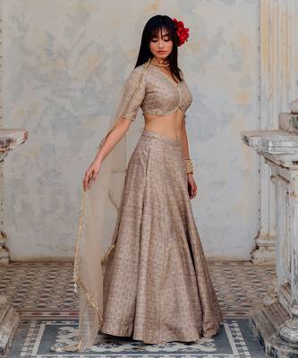 Warm Grey Silk Printed And Embroidered Lehenga Set 2
