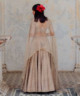 Warm Grey Silk Printed And Embroidered Lehenga Set 3