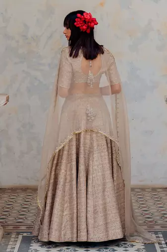 Warm Grey Silk Printed And Embroidered Lehenga Set
