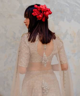 Warm Grey Silk Printed And Embroidered Lehenga Set 4