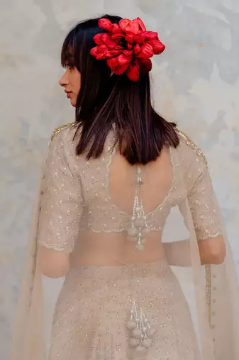 Warm Grey Silk Printed And Embroidered Lehenga Set