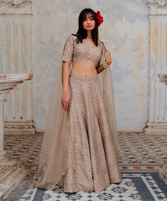 Warm Grey Silk Printed And Embroidered Lehenga Set 5