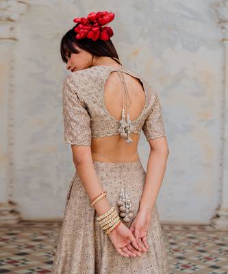 Warm Grey Silk Printed And Embroidered Lehenga Set 7