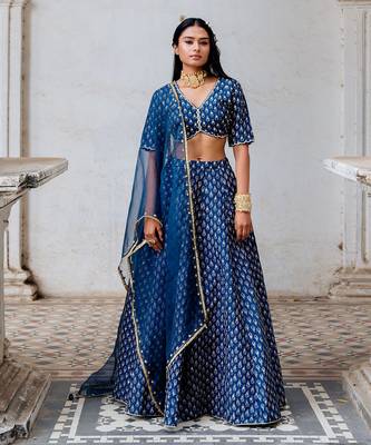 Indigo Silk Printed And Embroidered Lehenga Set 1