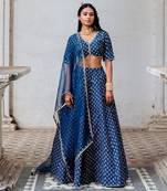 Indigo Silk Printed And Embroidered Lehenga Set