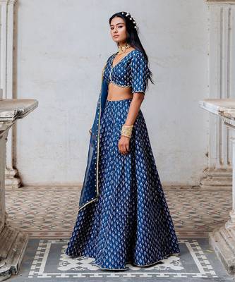 Indigo Silk Printed And Embroidered Lehenga Set 2