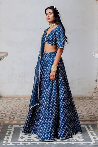 Indigo Silk Printed And Embroidered Lehenga Set