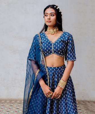 Indigo Silk Printed And Embroidered Lehenga Set 3