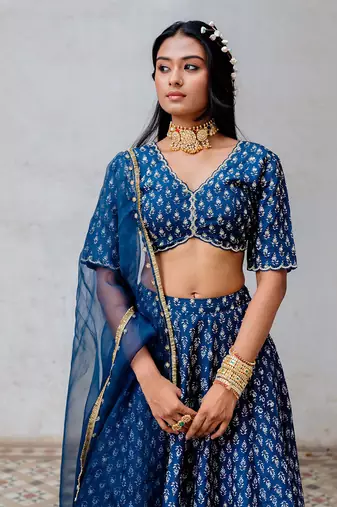 Indigo Silk Printed And Embroidered Lehenga Set