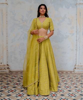 Moss Green Silk Printed And Embroidered Lehenga Set 1