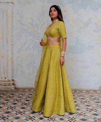 Moss Green Silk Printed And Embroidered Lehenga Set 2