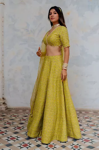 Moss Green Silk Printed And Embroidered Lehenga Set