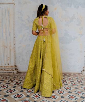 Moss Green Silk Printed And Embroidered Lehenga Set 3