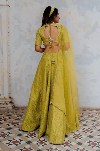 Moss Green Silk Printed And Embroidered Lehenga Set