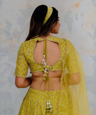 Moss Green Silk Printed And Embroidered Lehenga Set 4