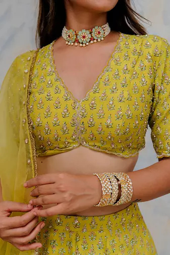 Moss Green Silk Printed And Embroidered Lehenga Set