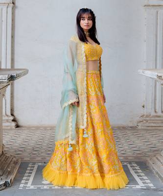 Mustard Satin Organza Embroidered Lehenga Set 1