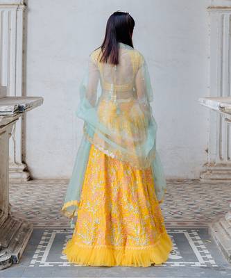 Mustard Satin Organza Embroidered Lehenga Set 2