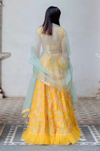 Mustard Satin Organza Embroidered Lehenga Set