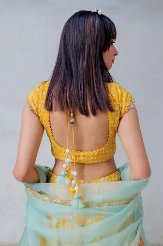 Mustard Satin Organza Embroidered Lehenga Set