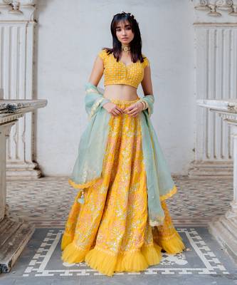 Mustard Satin Organza Embroidered Lehenga Set 4