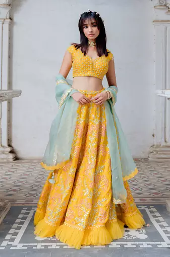 Mustard Satin Organza Embroidered Lehenga Set
