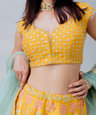 Mustard Satin Organza Embroidered Lehenga Set 5