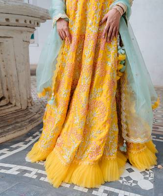 Mustard Satin Organza Embroidered Lehenga Set 6