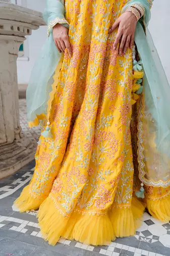 Mustard Satin Organza Embroidered Lehenga Set