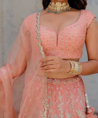 Blush Satin Organza Embroidered Lehenga Set 5
