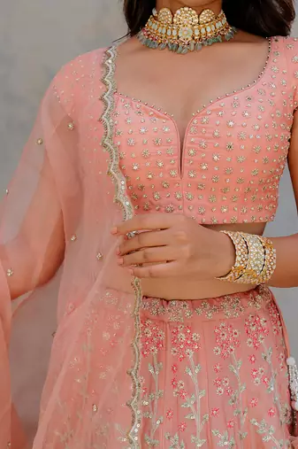 Blush Satin Organza Embroidered Lehenga Set