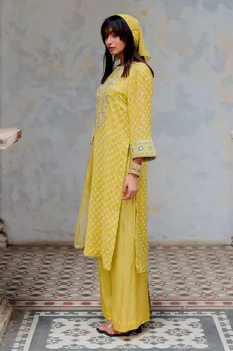 Moss Green Chanderi Embroidered Straight Kurta Set