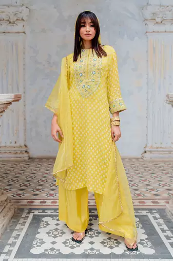 Moss Green Chanderi Embroidered Straight Kurta Set