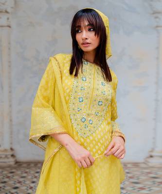 Moss Green Chanderi Embroidered Straight Kurta Set 5