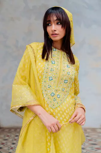Moss Green Chanderi Embroidered Straight Kurta Set
