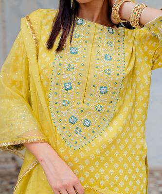 Moss Green Chanderi Embroidered Straight Kurta Set 6