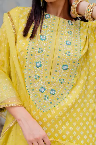 Moss Green Chanderi Embroidered Straight Kurta Set