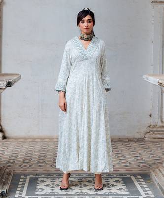 Ivory Printed And Embroidered Flared Tunic Set 1